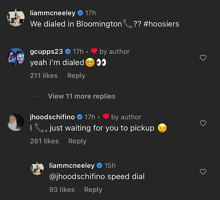 Indiana Hoosiers Jalen Hood-Schifino and Gabe Cupps interact with Liam McNeeley on Instagram following McNeeley's official visit to Bloomington.